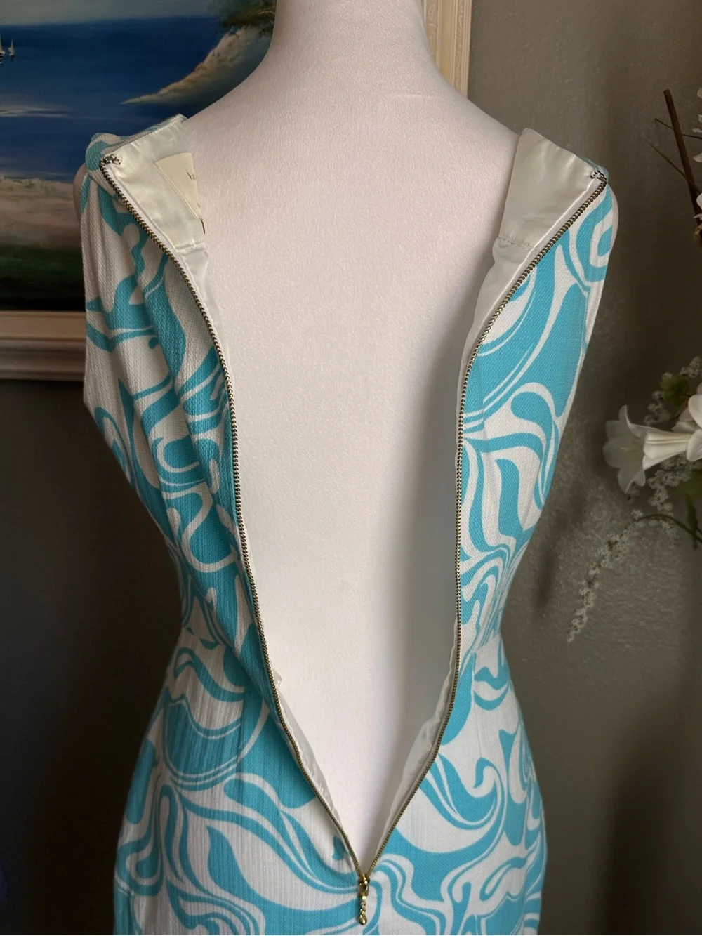 Kate Spade Women’s Blue White Abstract Print Sleeveless Sheath Shift Dress Sz 6